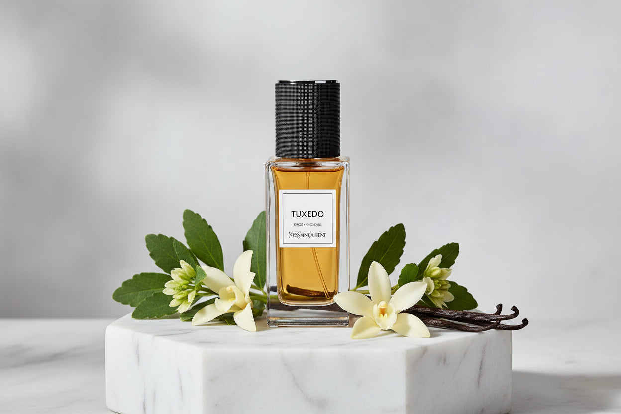 YSL Tuxedo decant bottle surrounded by flowers and vanilla pods on marble background.